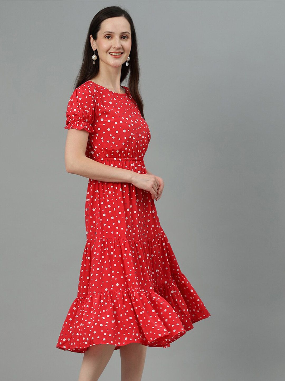Kotty Red Polka Dot Print Puff Sleeve Fit & Flare Midi Dress