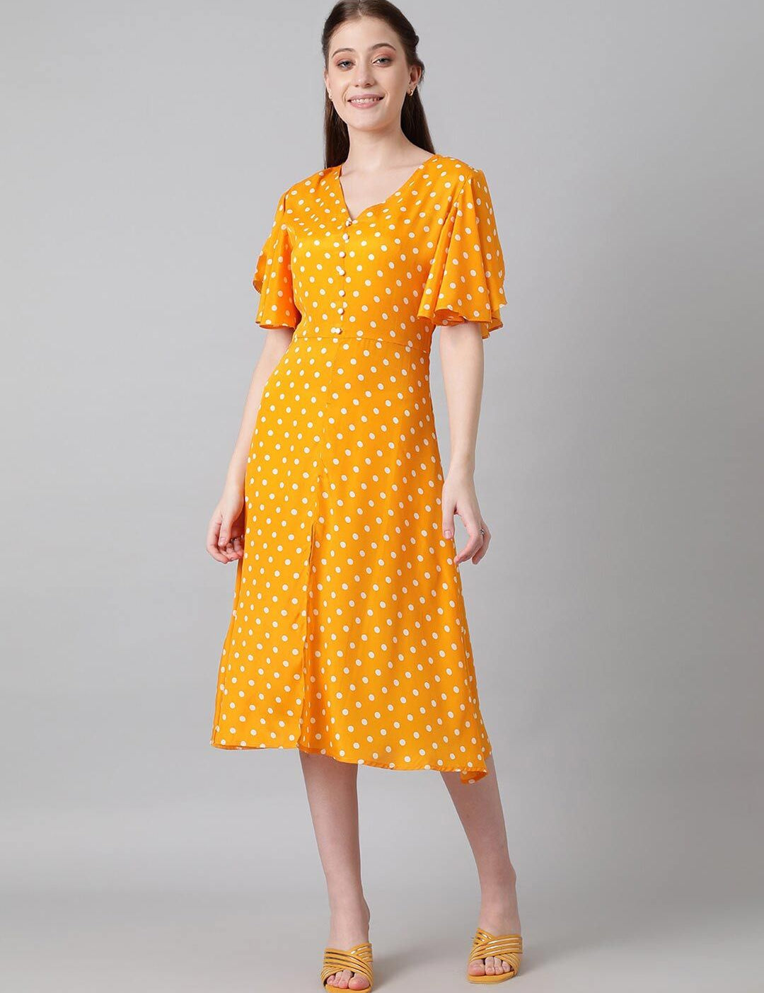 Kotty Yellow & White Polka Dots Printed Flared Sleeves A-Line Midi Dress