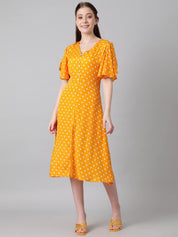 Kotty Yellow & White Polka Dots Printed Flared Sleeves A-Line Midi Dress