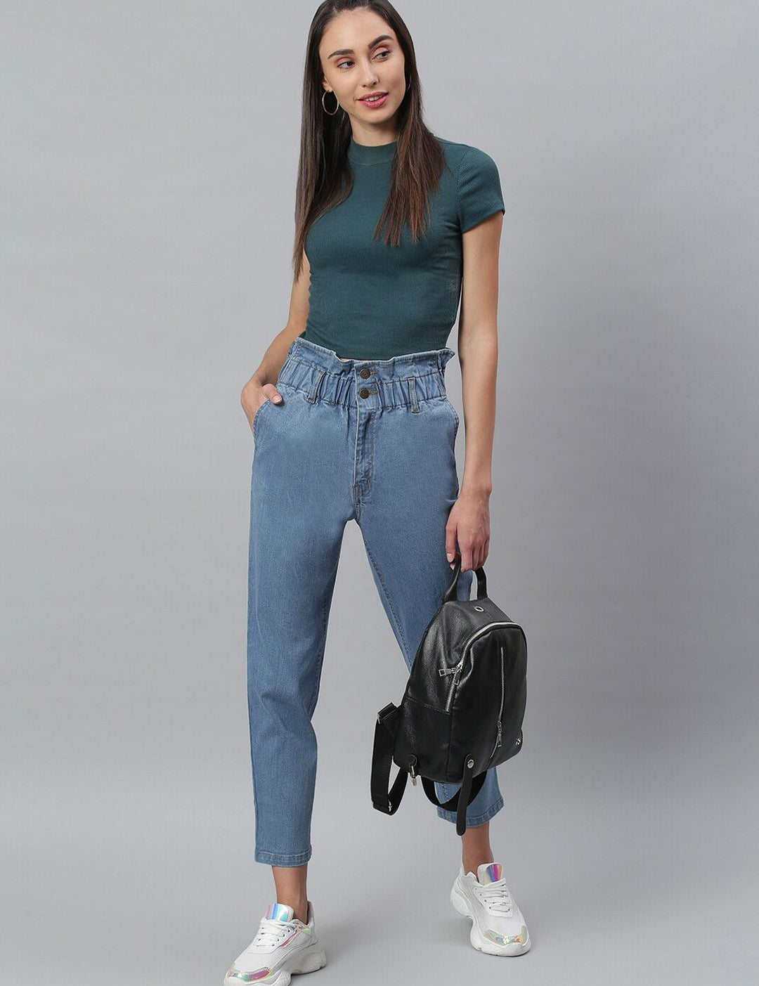 Kotty Women Blue Boyfriend Fit High-Rise Cotton Clean Look Jeans