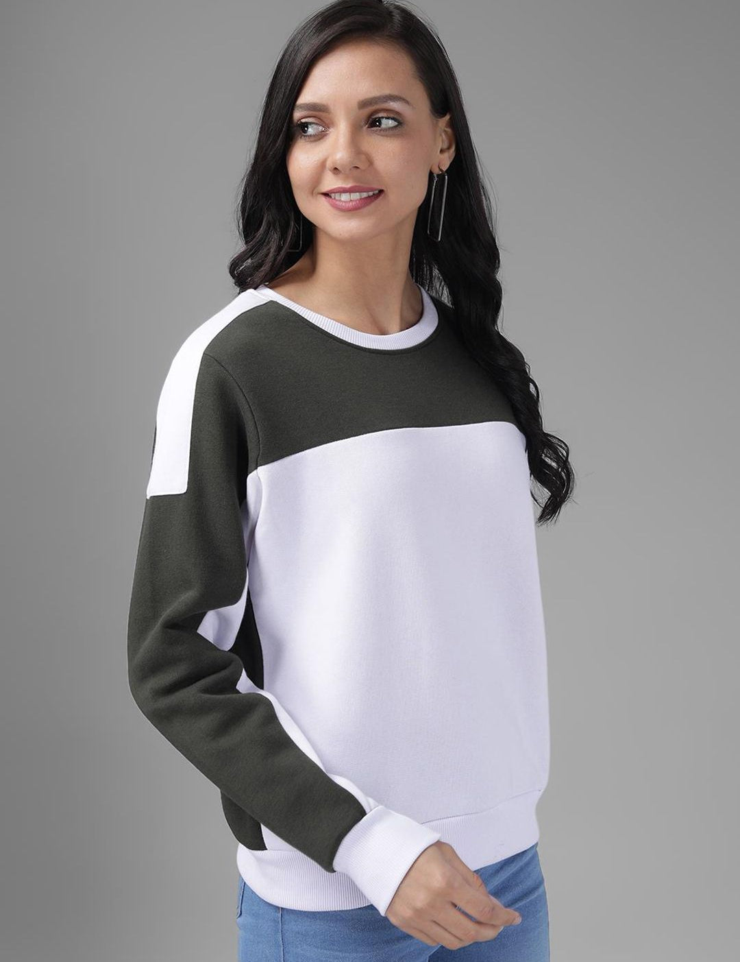 Kotty Women Olive Green & White Colourblocked Sweatshirt