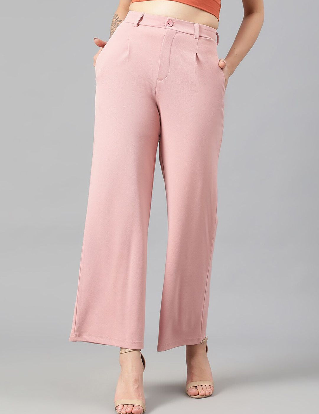 KOTTY BIZwear Women Pink Relaxed Straight Leg Fit High-Rise Easy Wash Parallel Trousers
