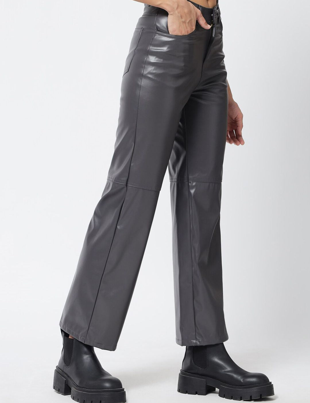 Kotty Women Grey Faux Leather Relaxed Straight Fit Trousers