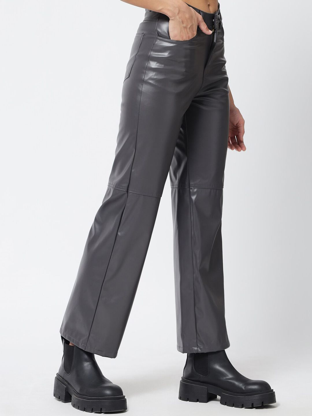 Kotty Women Grey Faux Leather Relaxed Straight Fit Trousers