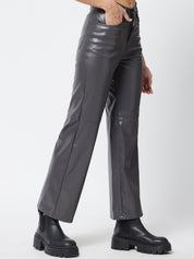 Kotty Women Grey Faux Leather Relaxed Straight Fit Trousers