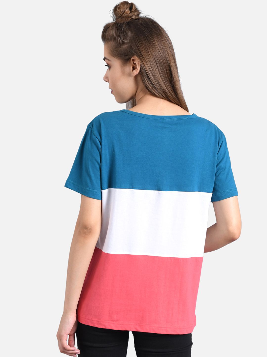 Kotty Women White & Blue Colourblocked V-Neck T-shirt
