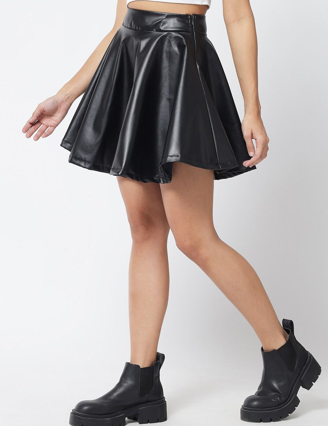Kotty Women Black Solid Flared Faux Leather Mini Skirt