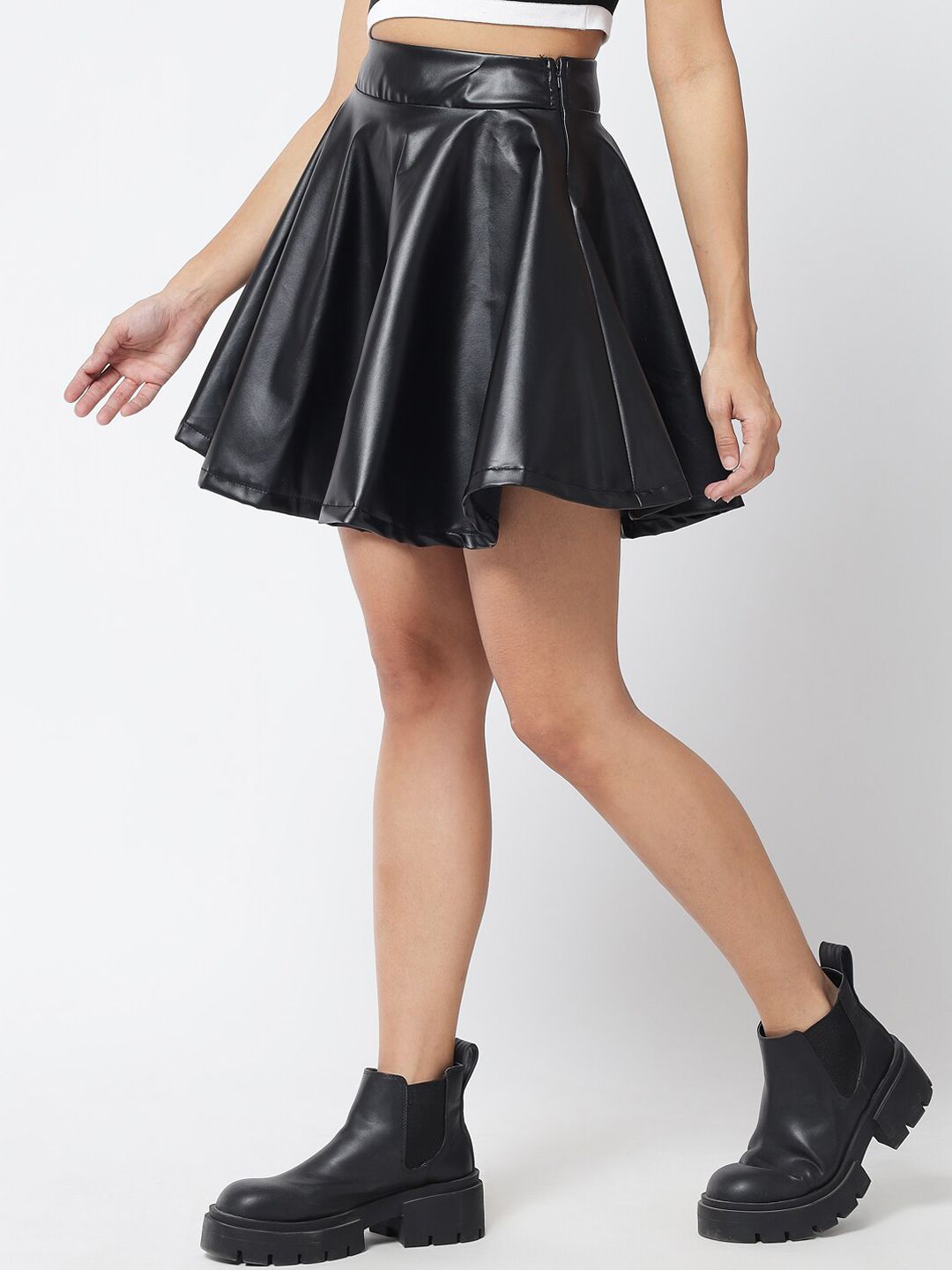 Kotty Women Black Solid Flared Faux Leather Mini Skirt