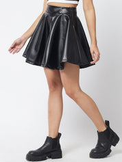 Kotty Women Black Solid Flared Faux Leather Mini Skirt