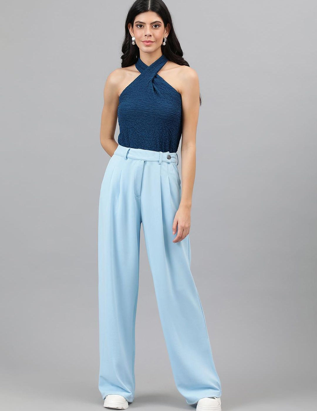 Kotty Women Blue Relaxed Straight Leg Straight Fit Easy Wash Pleated Trousers
