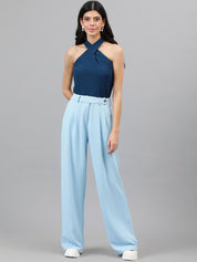 Kotty Women Blue Relaxed Straight Leg Straight Fit Easy Wash Pleated Trousers