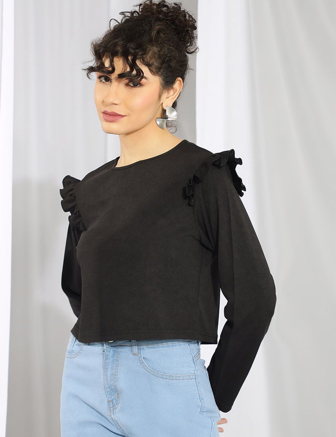 Kotty Black Round Neck Long Sleeves Ruffled Satin Top