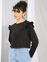 Kotty Black Round Neck Long Sleeves Ruffled Satin Top