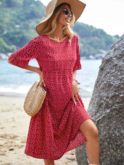 Kotty Red & White Abstract Printed Bell Sleeves A-Line Midi Dress