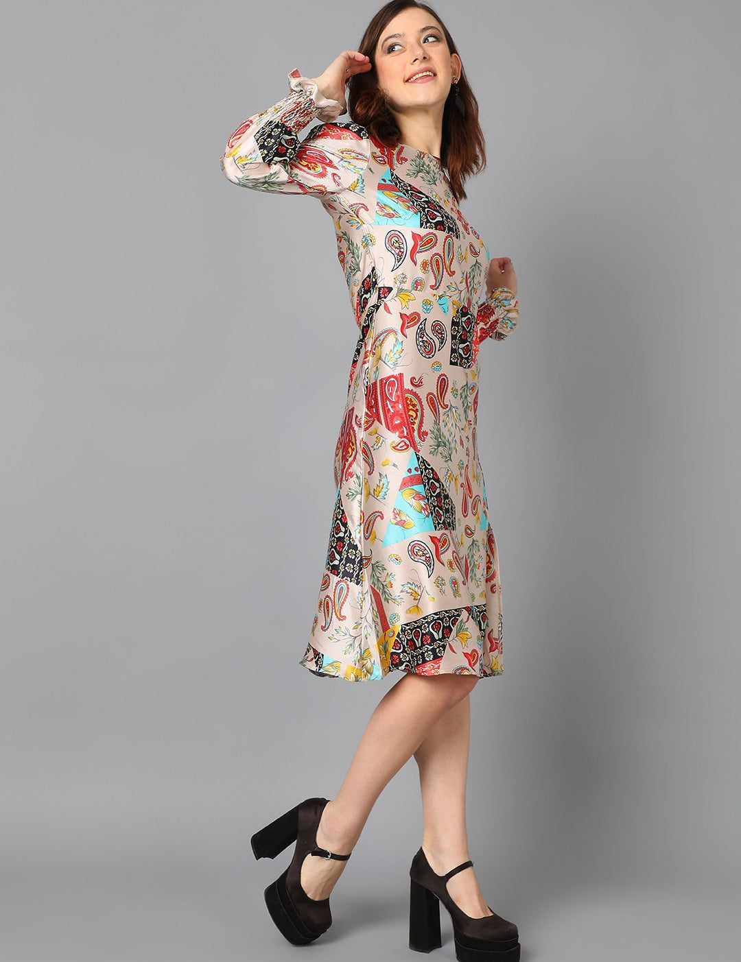 Kotty Floral Printed Boat Neck Puff Sleeve Satin A-Line Dress