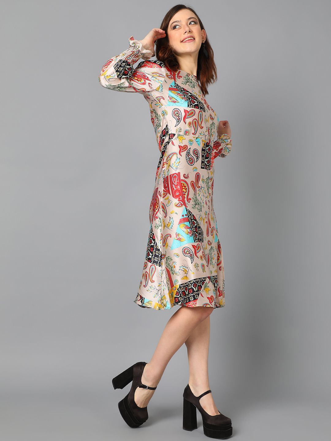Kotty Floral Printed Boat Neck Puff Sleeve Satin A-Line Dress