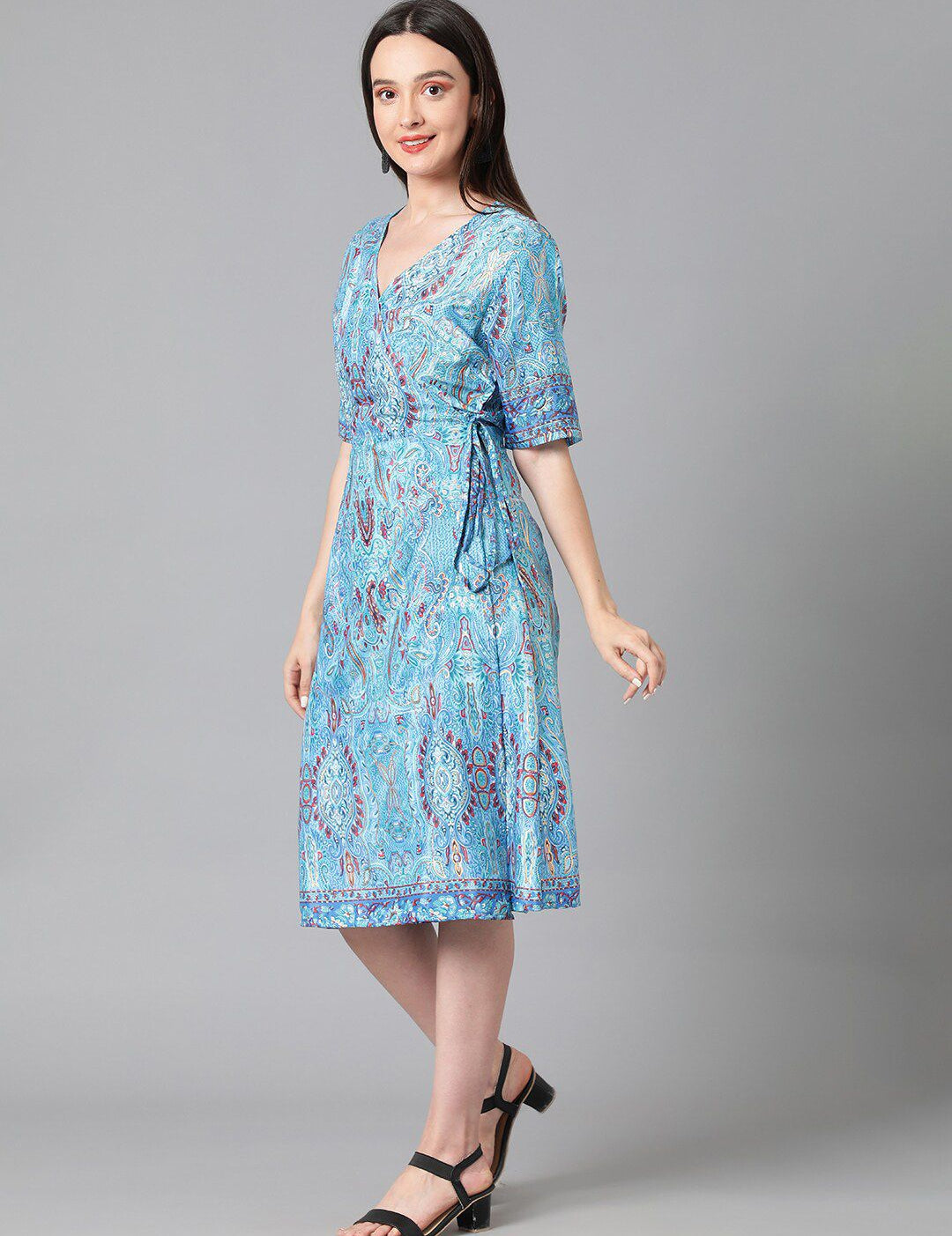 Kotty Ethnic Motifs Printed Midi Wrap Dress