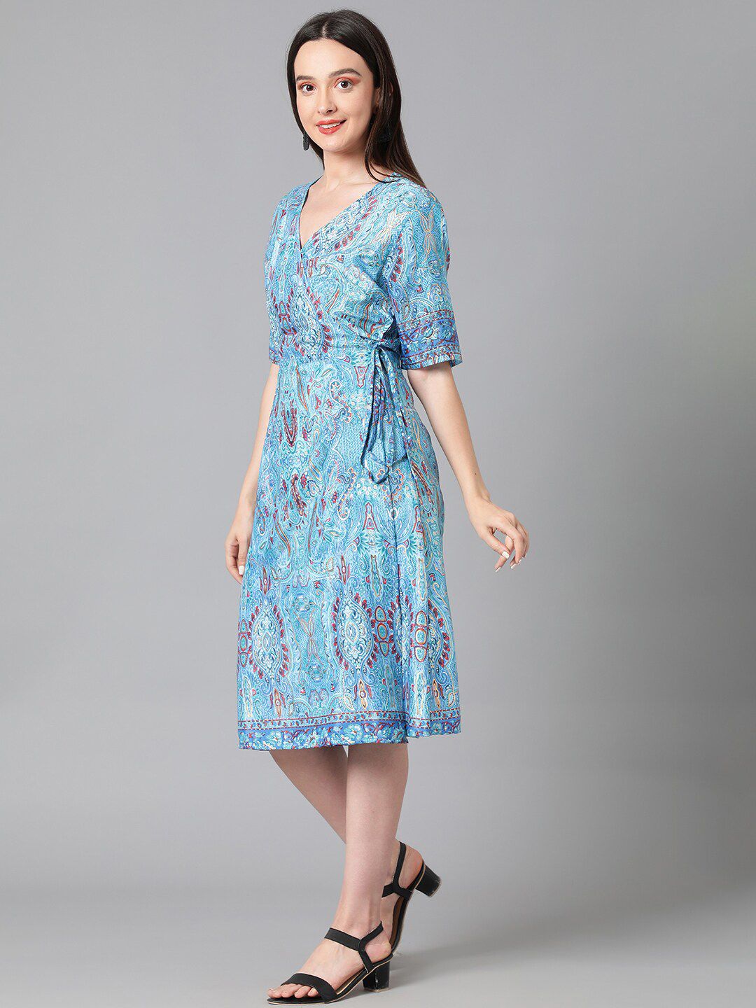 Kotty Ethnic Motifs Printed Midi Wrap Dress