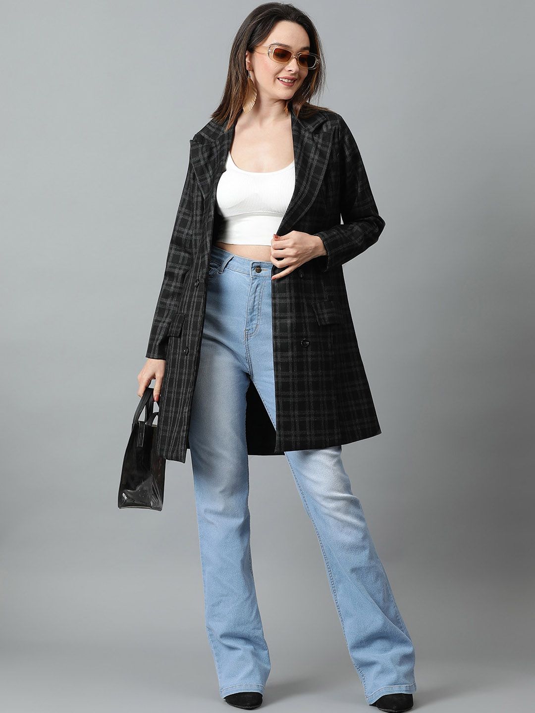 KOTTY BIZwear Black Checked Double-Breasted Overcoat