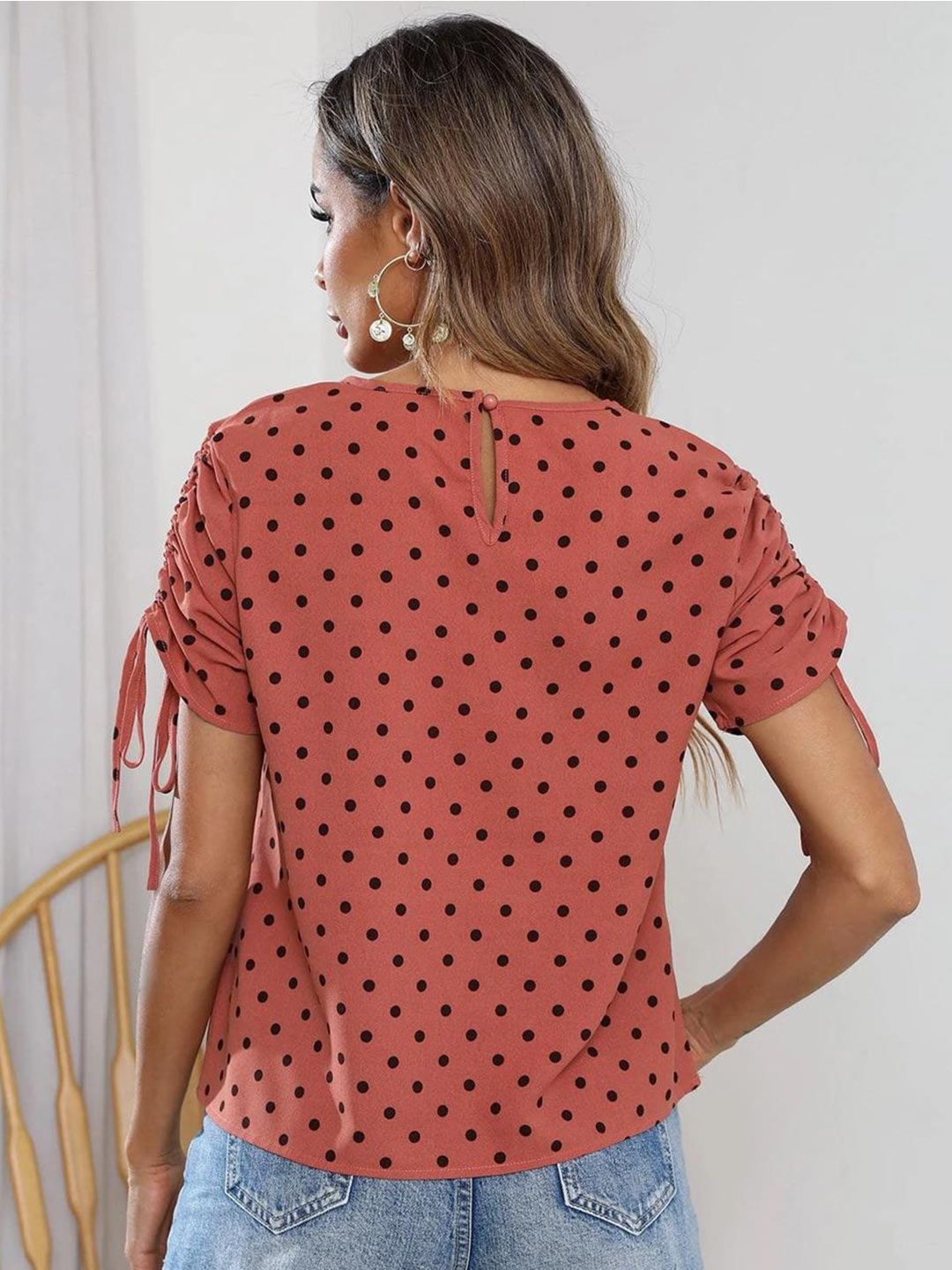Kotty Peach Coloured Polka Dot Printed Keyhole Neck Regular Top