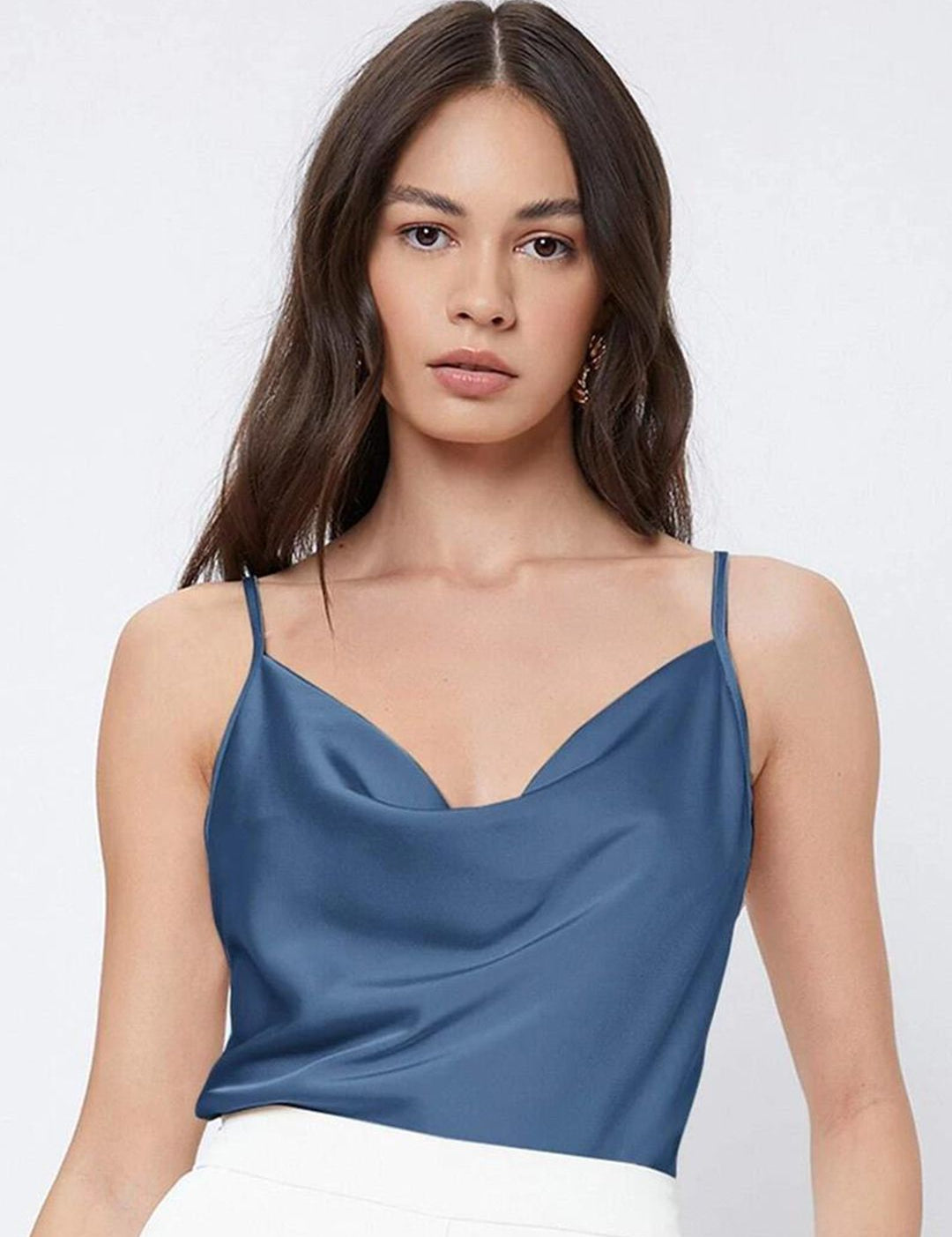 Kotty Blue Cowl Neck Sleeveless Satin Top
