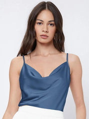 Kotty Blue Cowl Neck Sleeveless Satin Top