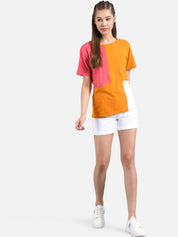 Kotty Women Orange & Pink Colourblocked Round Neck T-shirt