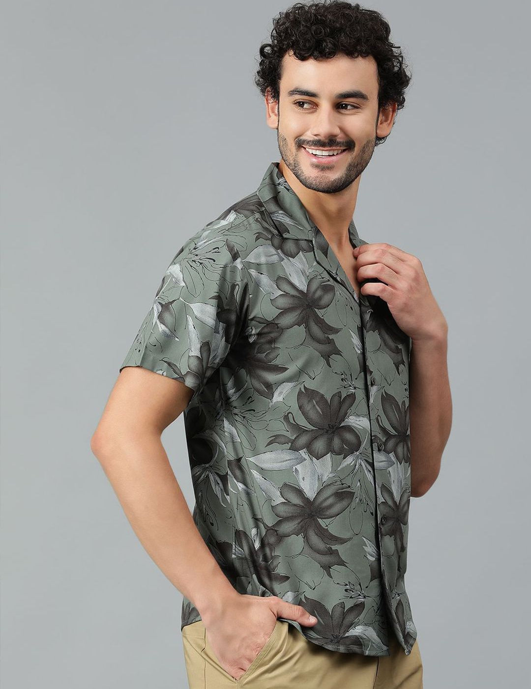 Kotty Men Cuban Collar Floral Printed Casual Shirt
