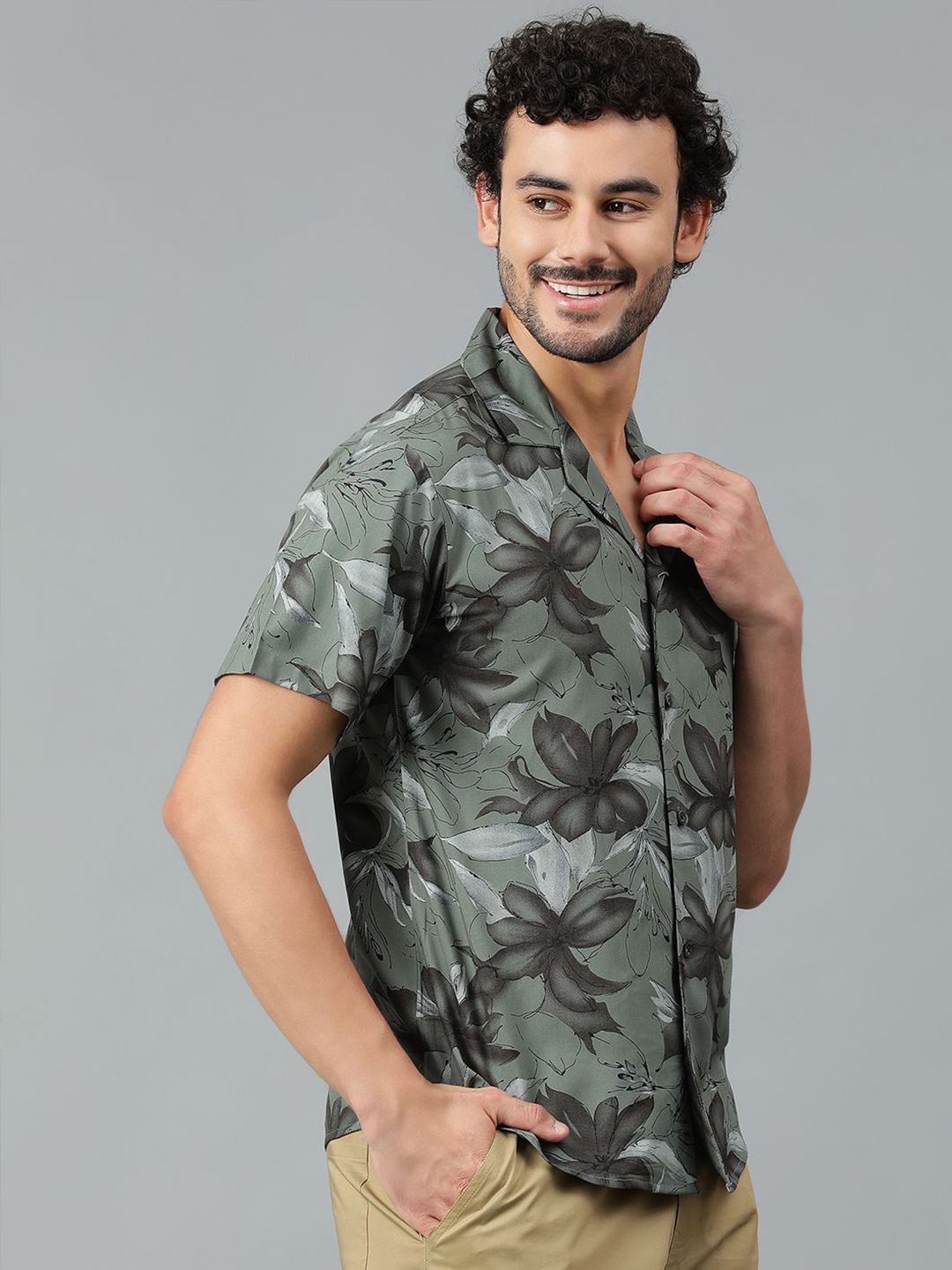 Kotty Men Cuban Collar Floral Printed Casual Shirt