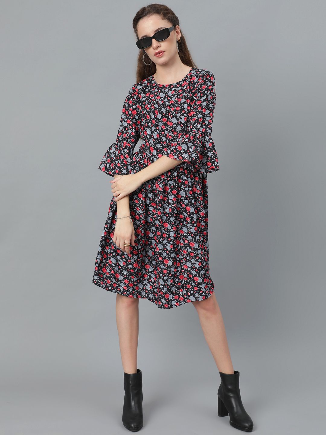 Kotty Floral Printed Bell Sleeve Gathered or Pleated Crepe A-Line Dress