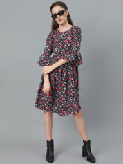 Kotty Floral Printed Bell Sleeve Gathered or Pleated Crepe A-Line Dress