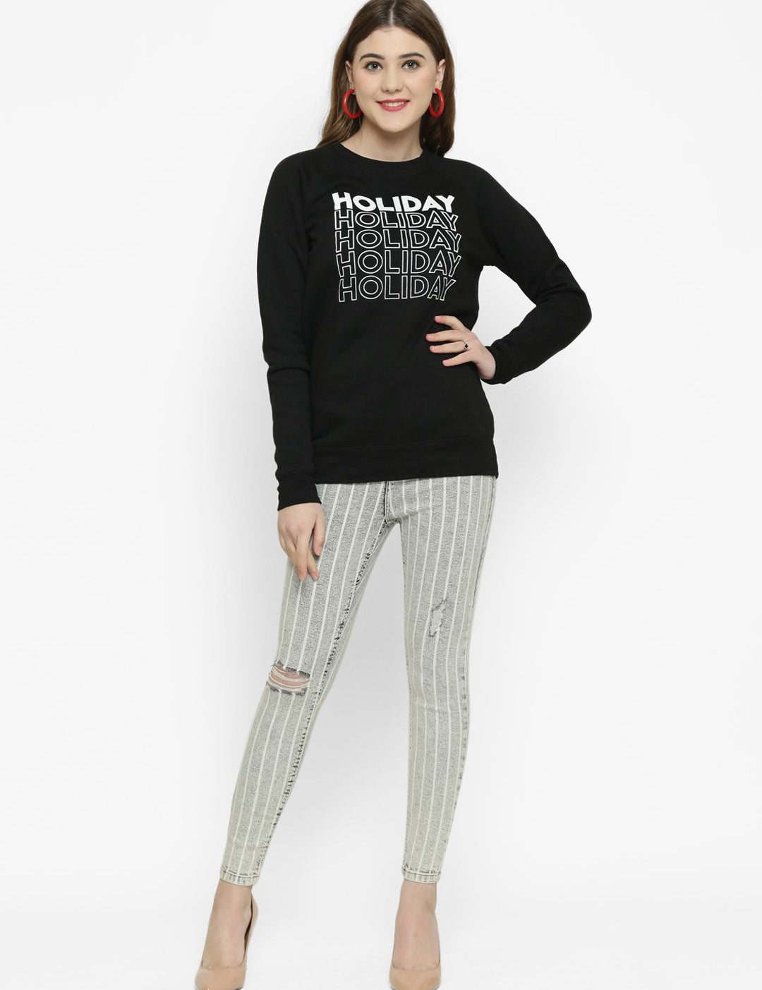 Kotty Women Grey & White Skinny Fit High-Rise Mildly Distressed Striped Jeans