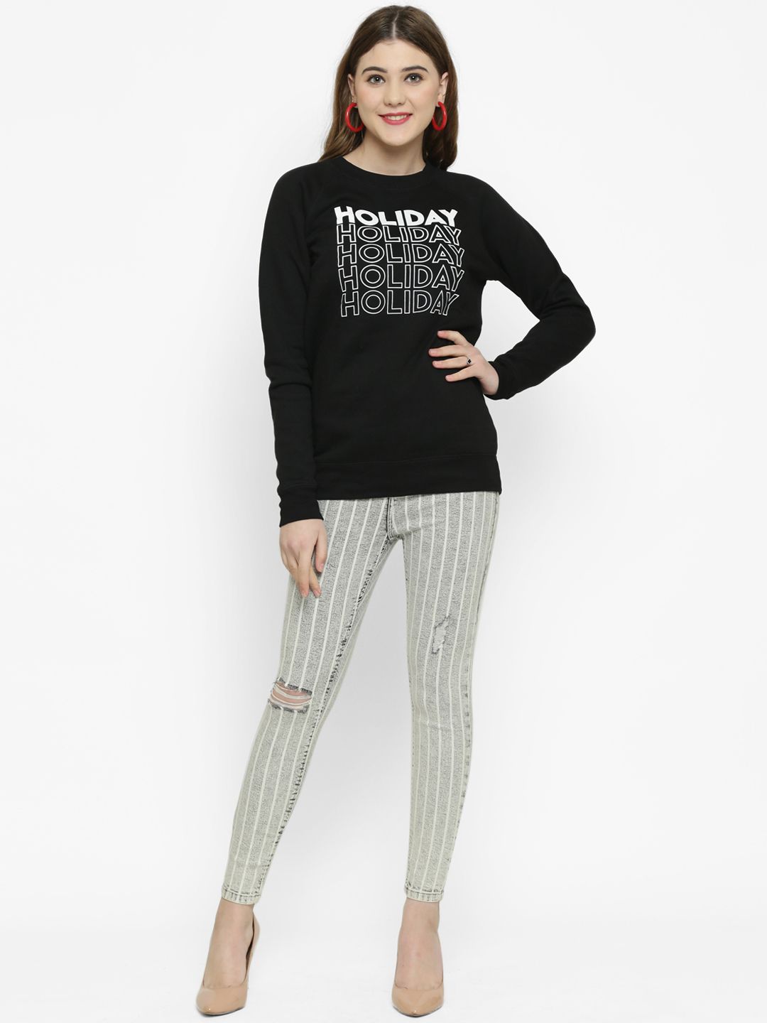 Kotty Women Grey & White Skinny Fit High-Rise Mildly Distressed Striped Jeans