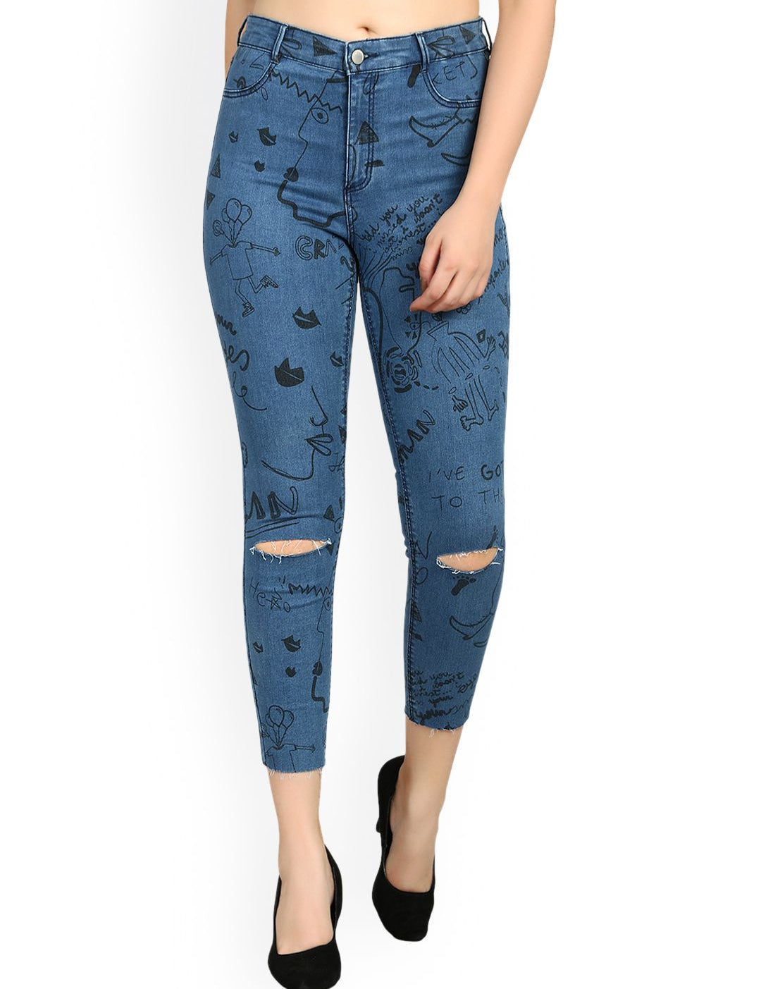 Kotty Women Blue Skinny Fit High-Rise Slash Knee Jeans