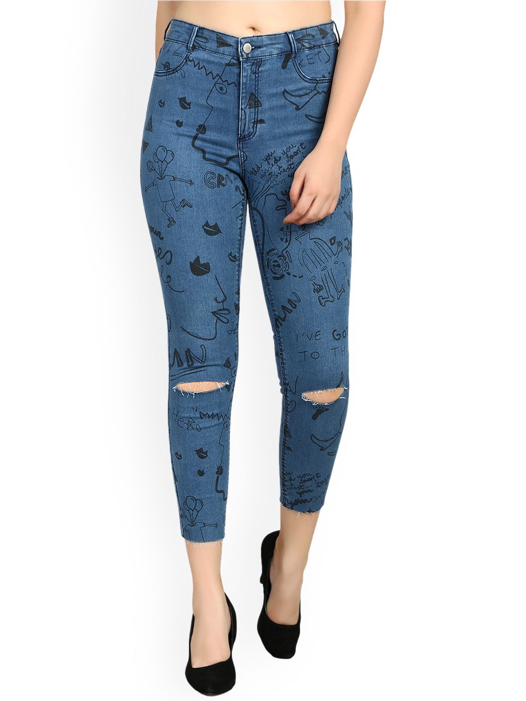 Kotty Women Blue Skinny Fit High-Rise Slash Knee Jeans
