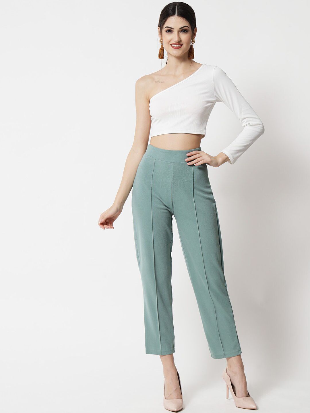 Kotty Women Green Relaxed Straight Fit High-Rise Easy Wash Trousers