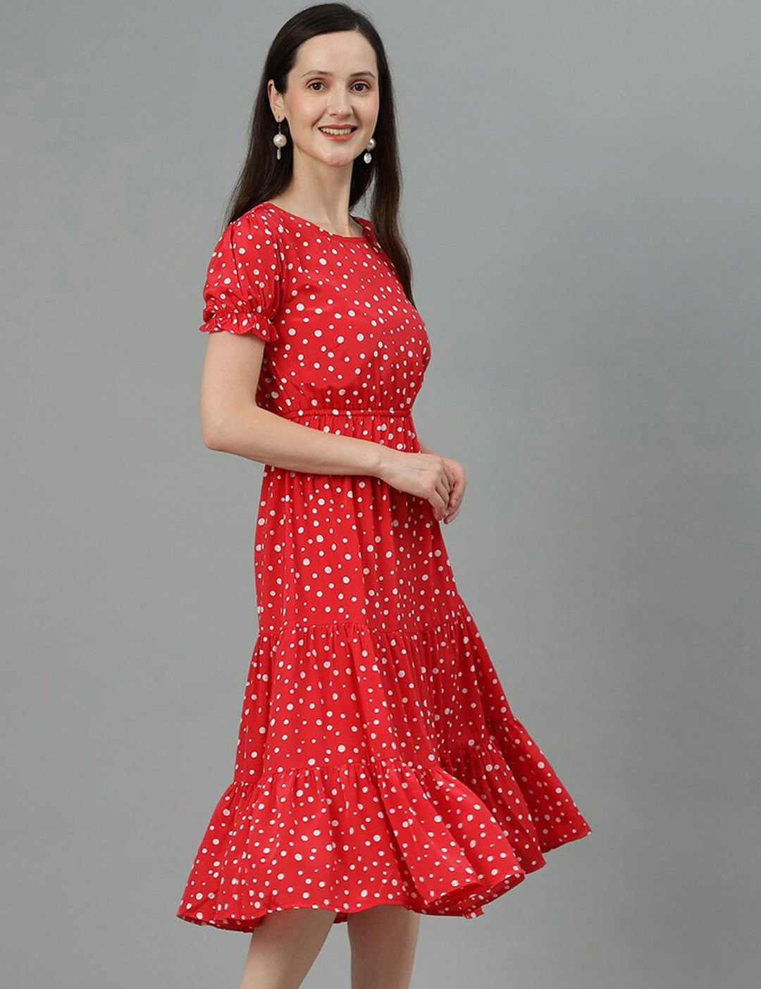 Kotty Red Polka Dot Print Puff Sleeve Fit & Flare Midi Dress