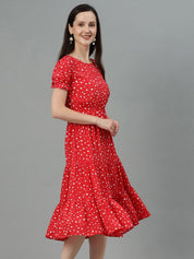 Kotty Red Polka Dot Print Puff Sleeve Fit & Flare Midi Dress