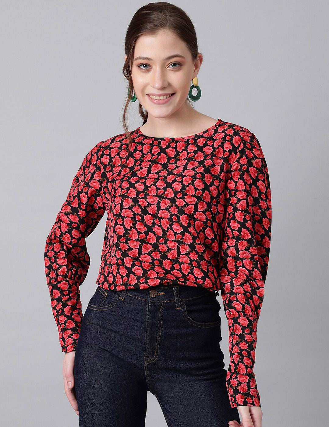 Kotty Black Floral Print Crepe Top