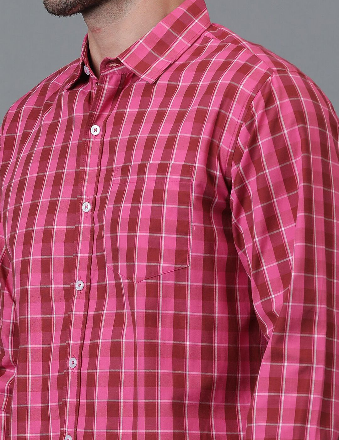 Kotty Pink & Red New Checked Spread Collar Casual Shirt