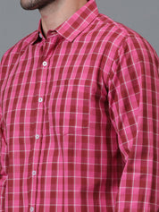 Kotty Pink & Red New Checked Spread Collar Casual Shirt