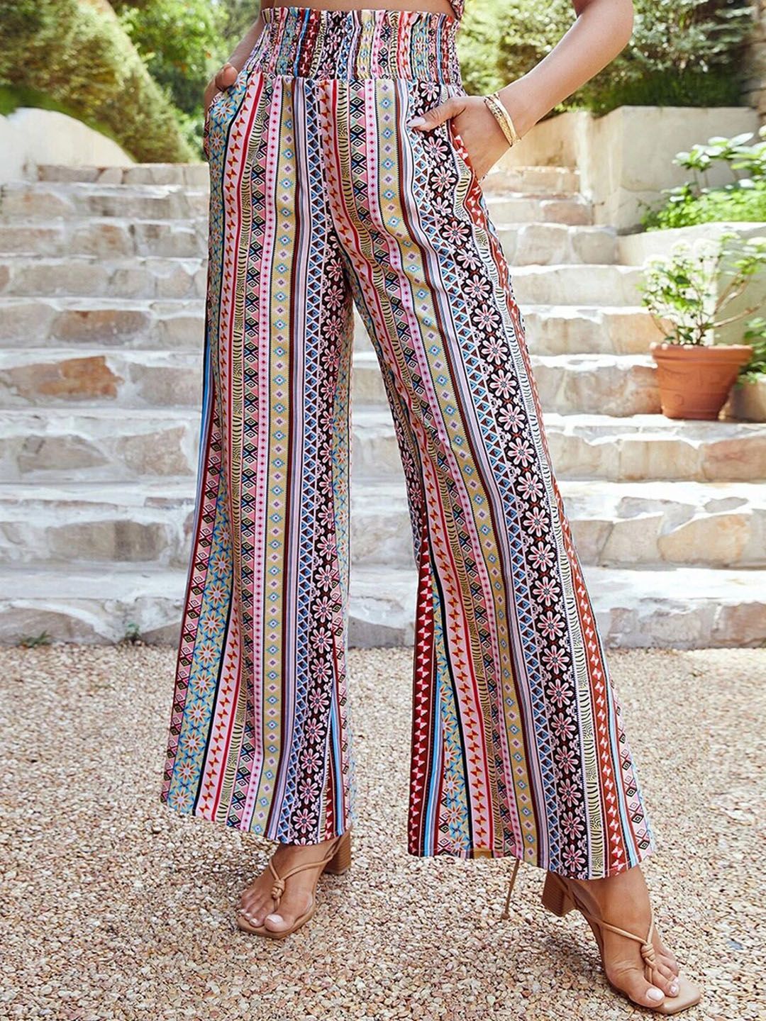 Kotty Women Striped Relaxed High-Rise Easy Wash Trousers