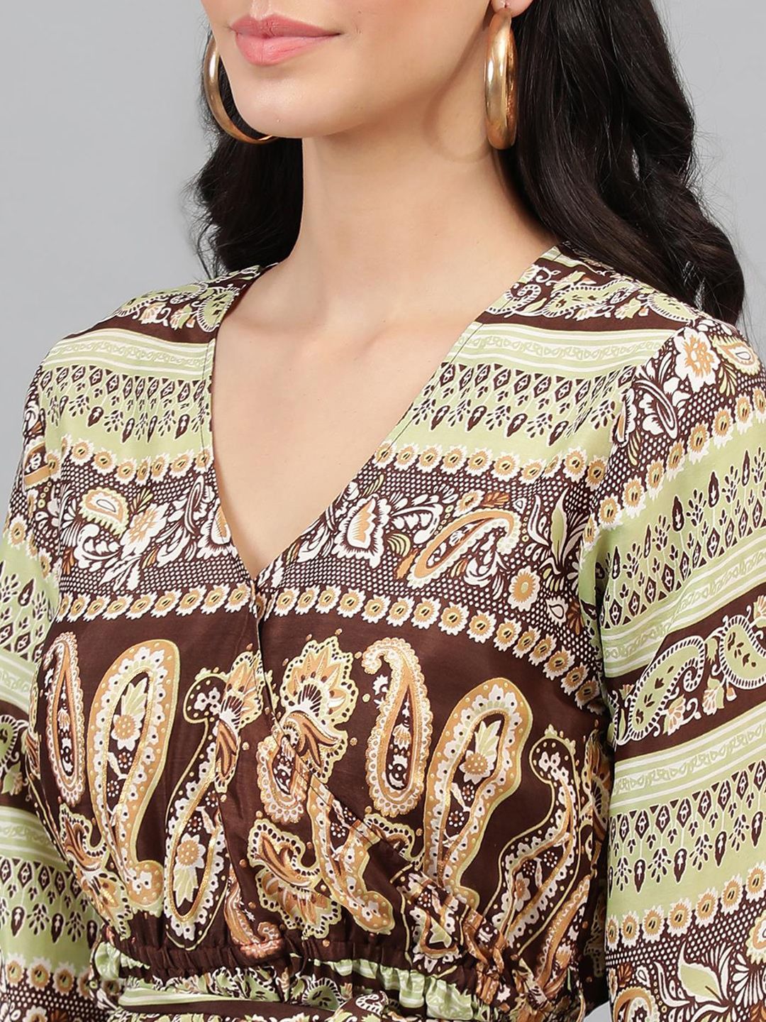 Kotty Brown & Yellow Ethnic Motifs Printed Wrap Maxi Dress