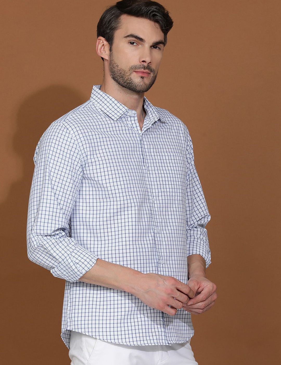 Kotty New Grid Tattersall Checks Spread Collar Casual Shirt