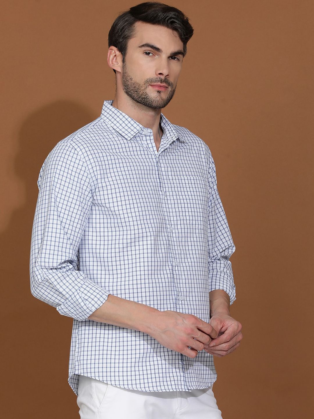 Kotty New Grid Tattersall Checks Spread Collar Casual Shirt