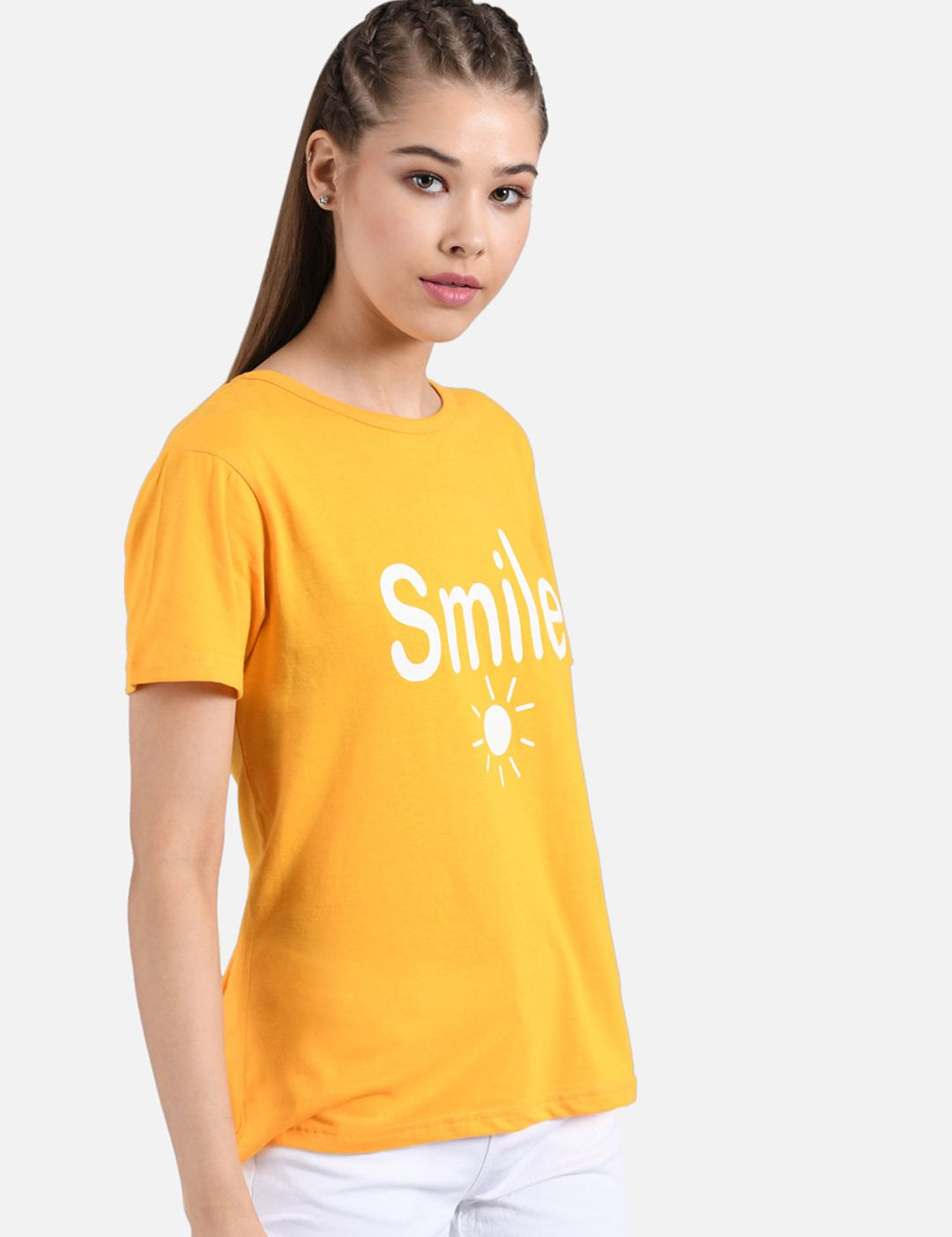 Kotty Women Yellow Printed Round Neck T-shirt