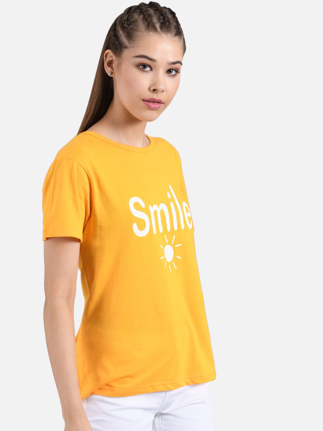 Kotty Women Yellow Printed Round Neck T-shirt