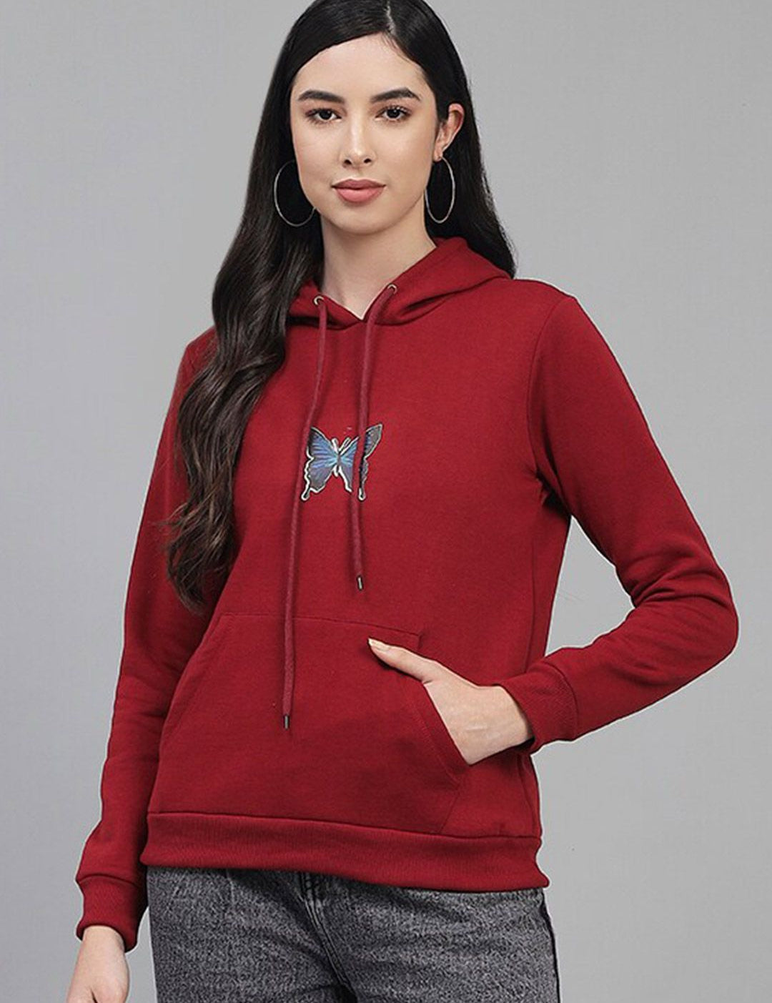 Kotty Women Maroon Printed Hooded Fleece Sweatshirt