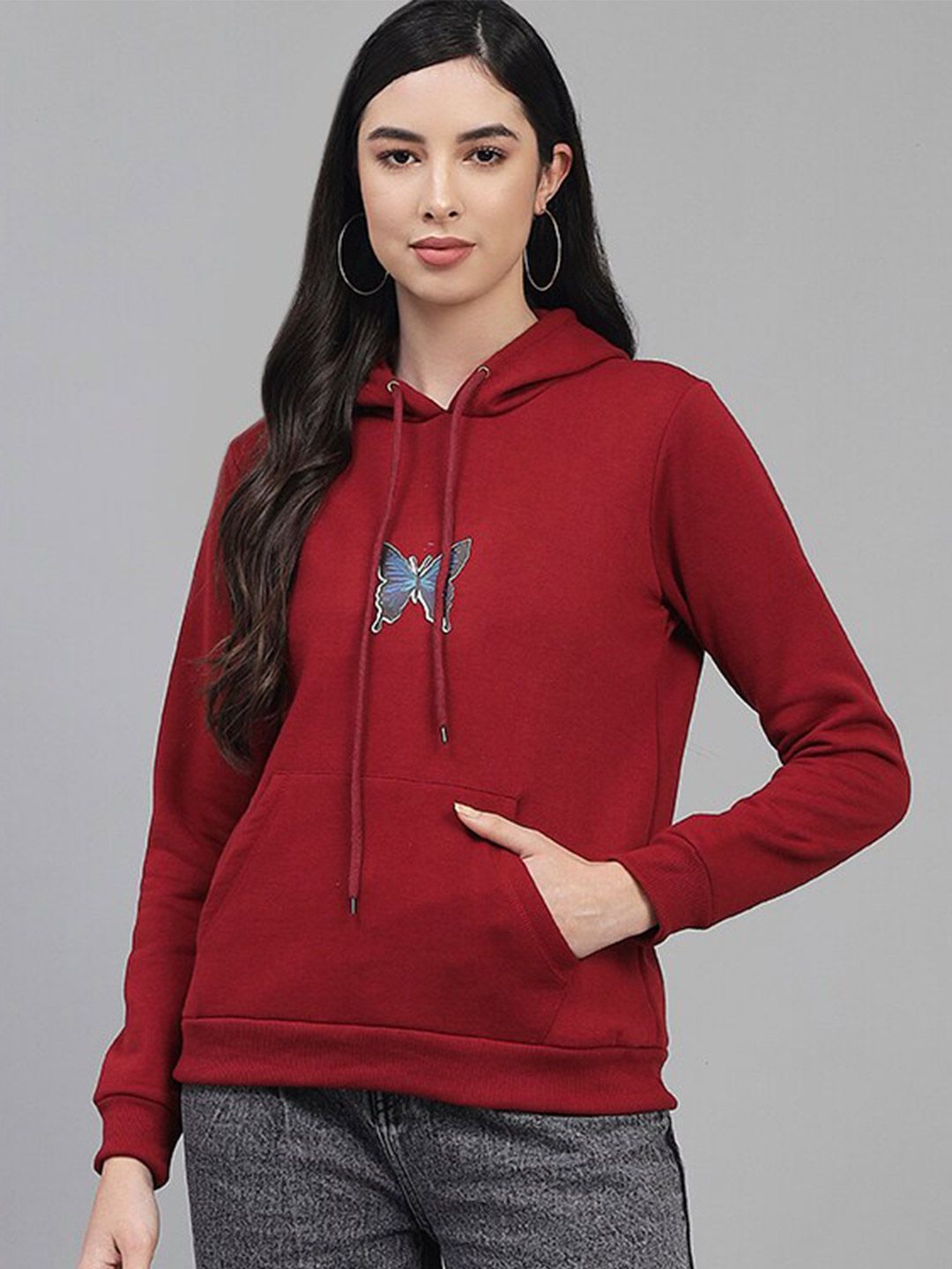 Kotty Women Maroon Printed Hooded Fleece Sweatshirt