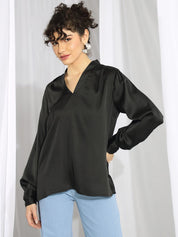 Kotty Women V-Neck Long Sleeves Satin Top